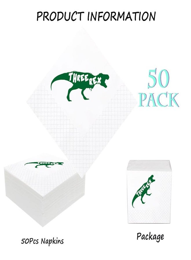 Geloar Dinosaur 3rd Birthday Cocktail Napkins, 50 Pack Dinosaur Three Rex Paper Cocktail Napkins in Bulk for Baby Boy Girl Three 3rd Bday Table Decorations 2-Ply, 5x5 Inches (Three Rex) - Image 2